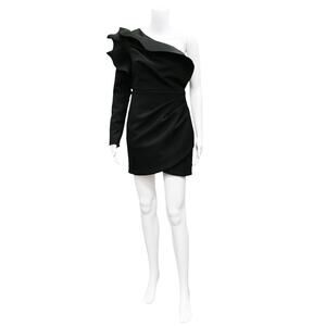 Rachel Gilbert Aurora One Shoulder Mini Dress Small Black Tulip Hem Cocktail